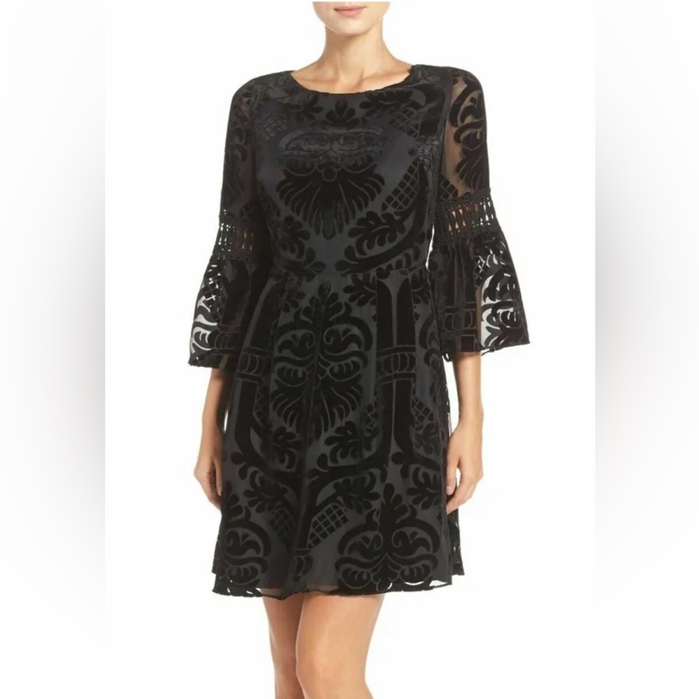 Eliza J Burnout Velvet Fit And Flare Black Dress Size 4